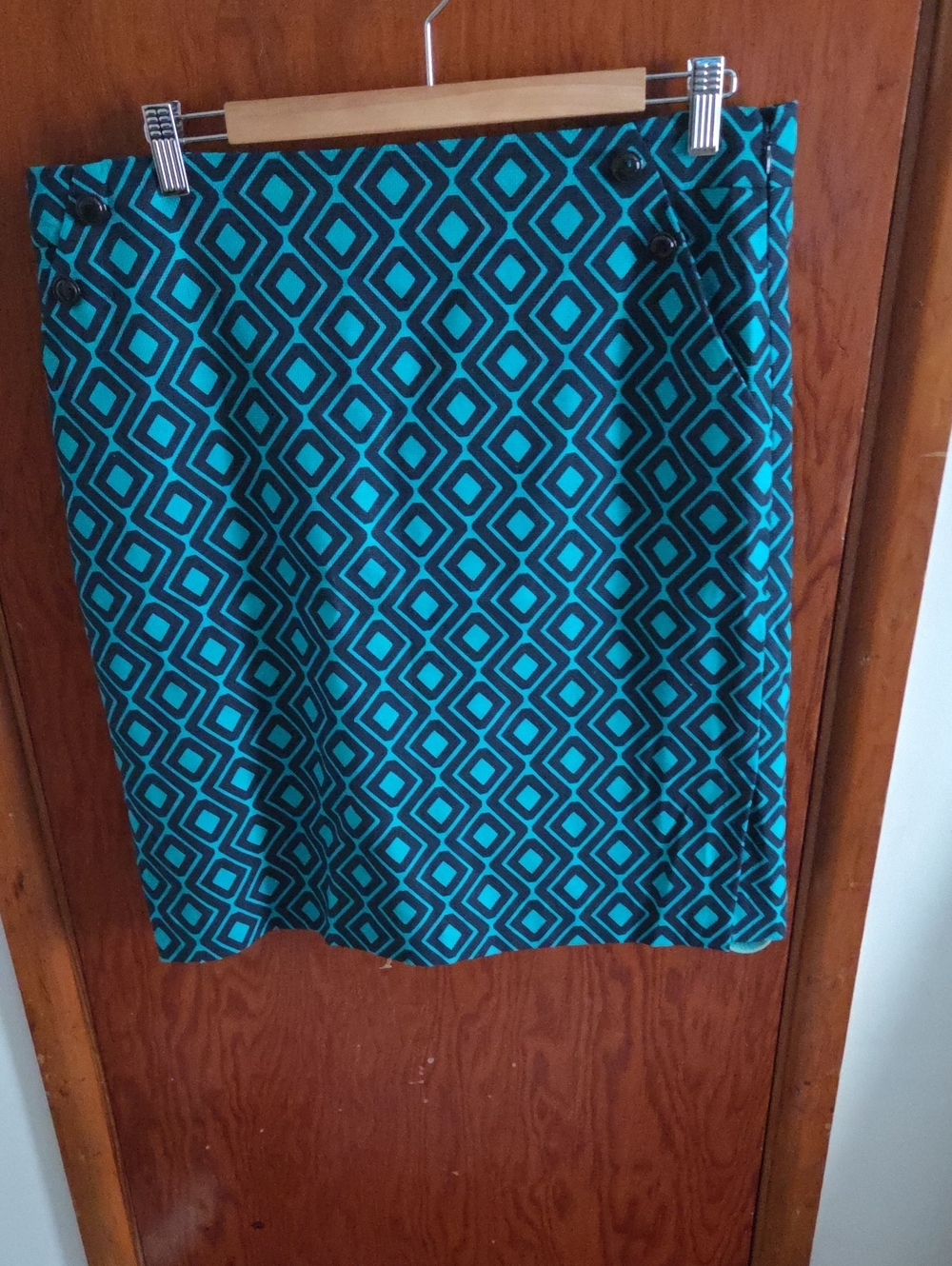 LOFT Teal and Black Geometric Diamond Pencil Skirt